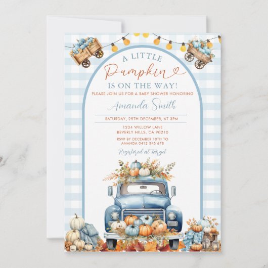 Boho Blauwe Truck Pompoen Is op komst Baby Shower Kaart (Voorkant)