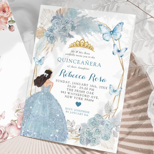 Boho blauwe vlinder Mexicaanse prinses quinceañera Kaart