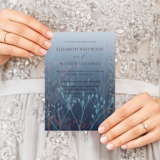 Boho Blauwe Wilde Grassen & Bloemen Bruiloft Kaart