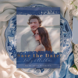 Boho Blauwe, Witte & Gouden Bewaar de Datum Save The Date