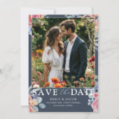 Boho Blauwe & Witte Roos Bloemige Bewaar de Datum Save The Date (Voorkant)
