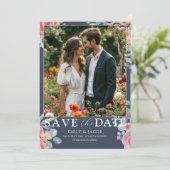 Boho Blauwe & Witte Roos Bloemige Bewaar de Datum Save The Date (Staand voorkant)