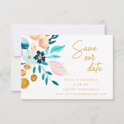 Boho Blauwgroen Blauw Bloemen Hand Geschilderd Rom Save The Date (Voorkant)