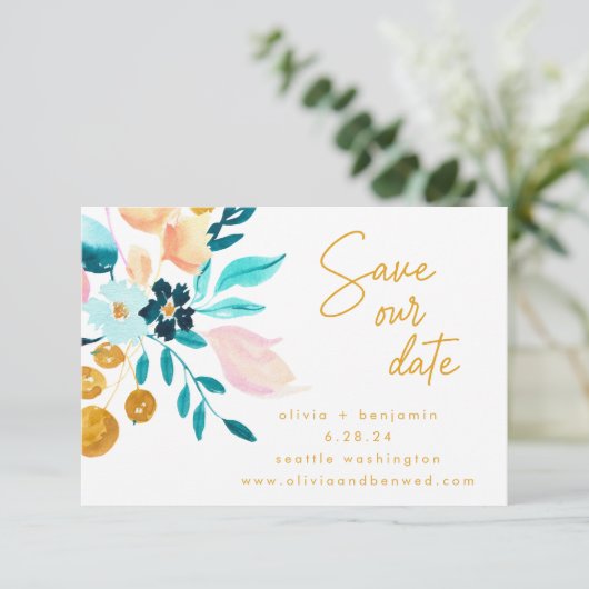 Boho Blauwgroen Blauw Bloemen Hand Geschilderd Rom Save The Date (Staand voorkant)