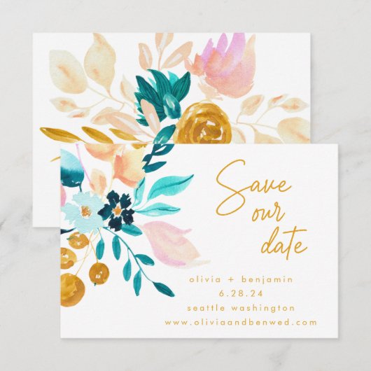 Boho Blauwgroen Blauw Bloemen Hand Geschilderd Rom Save The Date (Voorkant / Achterkant)
