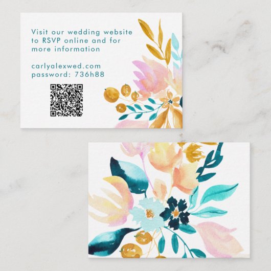Boho Blauwgroen Blauw Roze Waterverf Floral QR Cod Informatiekaartje (Voorkant / Achterkant)