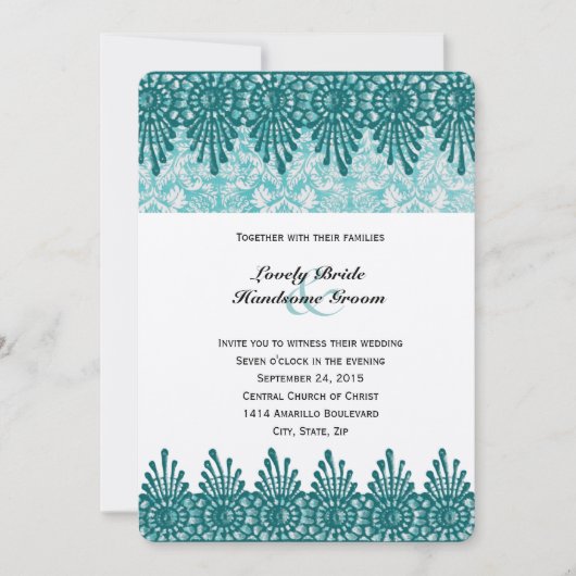 Boho Blauwgroen Blue Damask Wedding Invitation Kaart (Voorkant)