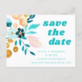 Boho Blauwgroen Blue en Gold Waterverf Floral Wedd Aankondigingskaart