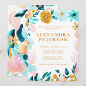 Boho Blauwgroen Blue en Gold Waterverf Floral Wedd Kaart (Voorkant / Achterkant)