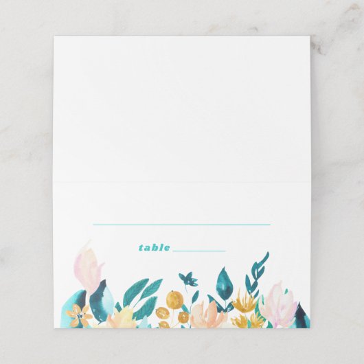 Boho Blauwgroen Blue en Gold Waterverf Floral Wedd Plaatskaartje (Buitenkant ongevouwen)
