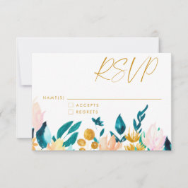 Boho Blauwgroen Blue en Gold Waterverf Floral Wedd RSVP Kaartje