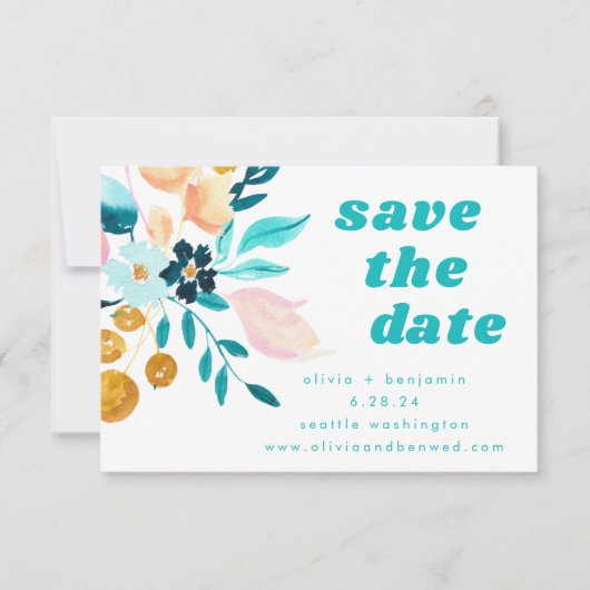Boho Blauwgroen Blue en Gold Waterverf Floral Wedd Save The Date (Voorkant)