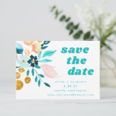 Boho Blauwgroen Blue en Gold Waterverf Floral Wedd Save The Date (Staand voorkant)
