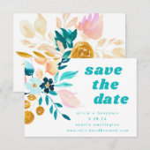 Boho Blauwgroen Blue en Gold Waterverf Floral Wedd Save The Date (Voorkant / Achterkant)