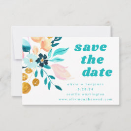 Boho Blauwgroen Blue en Gold Waterverf Floral Wedd Save The Date