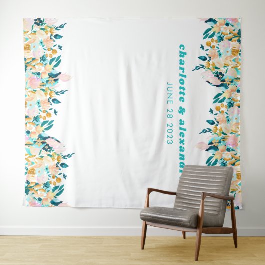 Boho Blauwgroen Blue en Gold Waterverf Floral Wedd Wandkleed (In Situ (horizontaal))