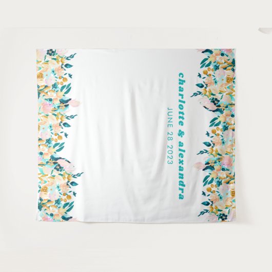 Boho Blauwgroen Blue en Gold Waterverf Floral Wedd Wandkleed (Voorkant (horizontaal))