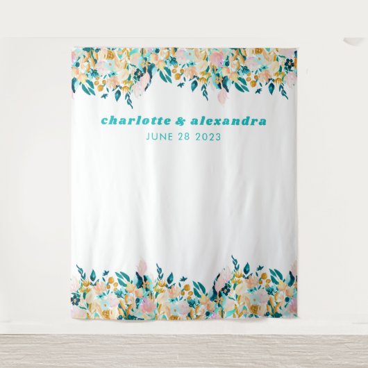 Boho Blauwgroen Blue en Gold Waterverf Floral Wedd Wandkleed (Voorkant)