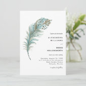 Boho Blauwgroen Blue Feather Minimal Wedding Kaart (Staand voorkant)