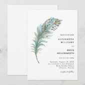 Boho Blauwgroen Blue Feather Minimal Wedding Kaart (Voorkant / Achterkant)