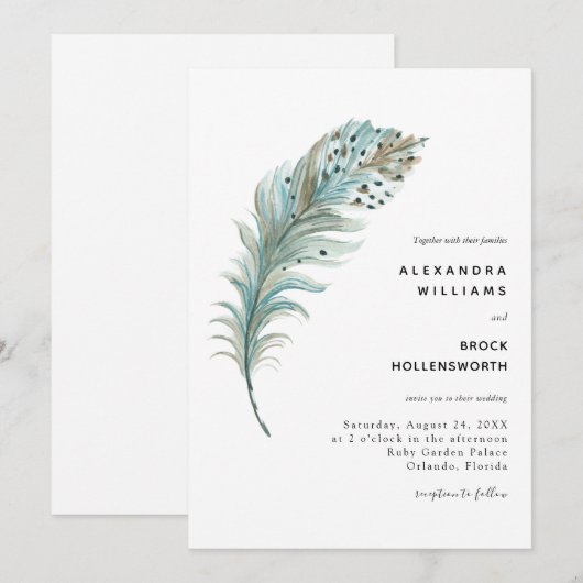 Boho Blauwgroen Blue Feather Minimal Wedding Kaart (Voorkant / Achterkant)