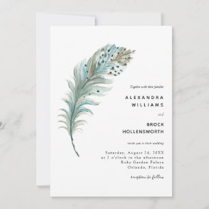 Boho Blauwgroen Blue Feather Minimal Wedding Kaart