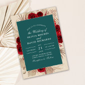 Boho Blauwgroen Bourgogne Rozen bruiloft uitnodigi Kaart