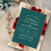 Boho Blauwgroen Bourgogne Rozen bruiloft uitnodigi Kaart