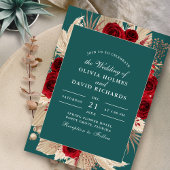 Boho Blauwgroen Bourgogne Rozen bruiloft uitnodigi Kaart