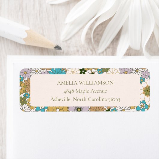 Boho Blauwgroen Bruin Bloemen Schattige Retouradre Etiket (Insitu)