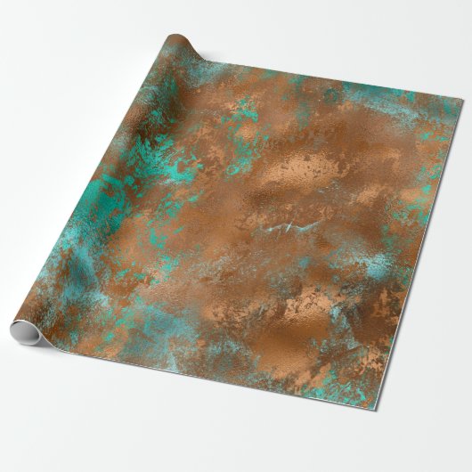 Boho Blauwgroen Copper Grunge Cadeaupapier (Uitgerold)