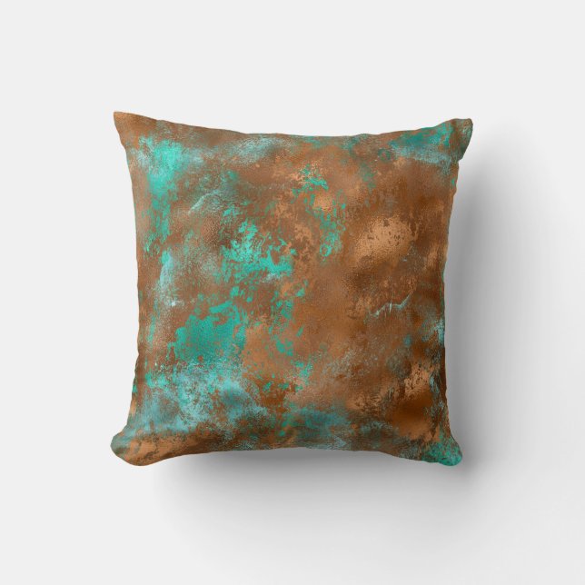 Boho Blauwgroen Copper Grunge Kussen (Voorkant)