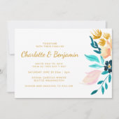 Boho Blauwgroen en Gold Waterverf Flowers Wedding Kaart (Voorkant)