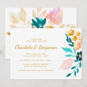 Boho Blauwgroen en Gold Waterverf Flowers Wedding Kaart (Voorkant / Achterkant)