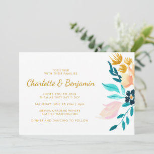 Boho Blauwgroen en Gold Waterverf Flowers Wedding Kaart