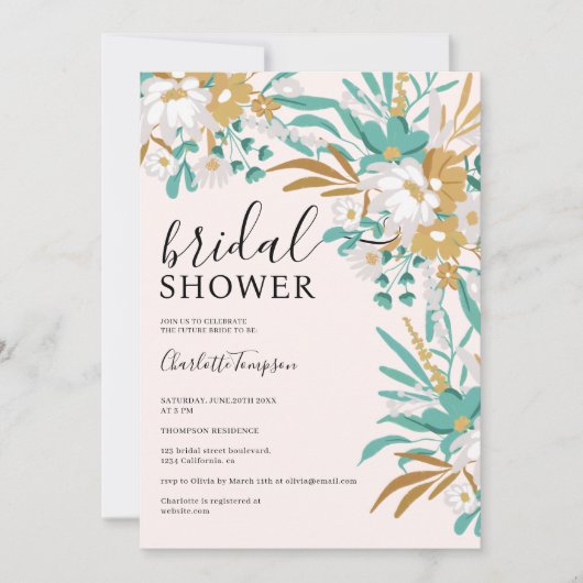 Boho Blauwgroen en Gouden Bloemen Romantisch Vrijg Kaart (Voorkant)