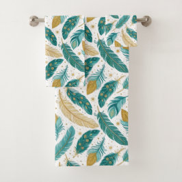 Boho Blauwgroen en gouden veren Bad Handdoek