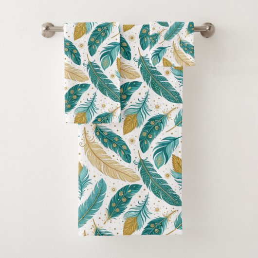 Boho Blauwgroen en gouden veren Bad Handdoek (Insitu)