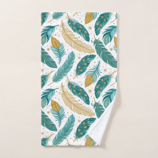 Boho Blauwgroen en gouden veren Bad Handdoek (Handdoek)