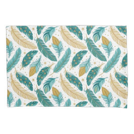 Boho Blauwgroen en gouden veren Kussensloop