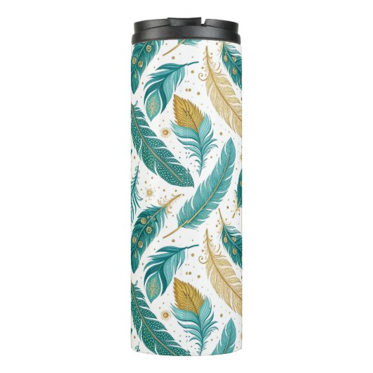 Boho Blauwgroen en gouden veren Thermosbeker (Achterkant)