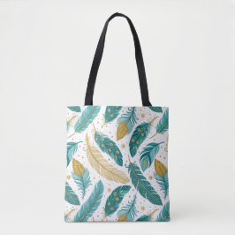 Boho Blauwgroen en gouden veren Tote Bag
