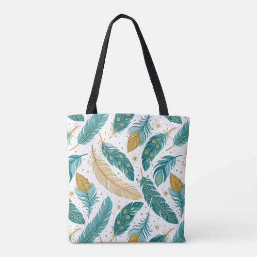 Boho Blauwgroen en gouden veren Tote Bag (Achterkant)