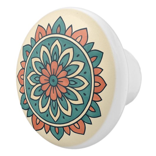 Boho Blauwgroen en warme koraal Moderne Mandala vo Keramische Knop (Rechts)