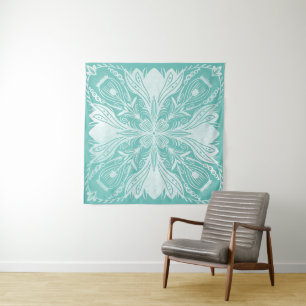 Boho Blauwgroen en White Mandala Pattern Tapestry Wandkleed