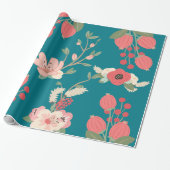 Boho Blauwgroen Floral Cadeaupapier (Uitgerold)