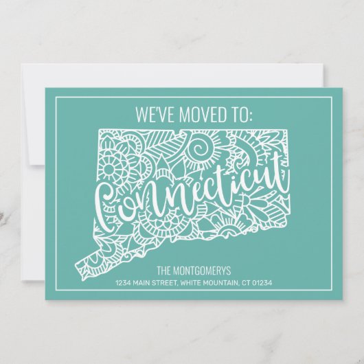 Boho Blauwgroen Floral Connecticut State verhuizen Aankondiging (Voorkant)