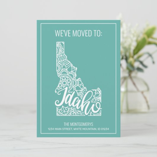 Boho Blauwgroen Floral Mandala Idaho State Moving Aankondiging (Staand voorkant)