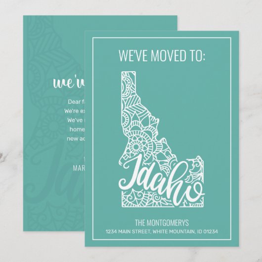 Boho Blauwgroen Floral Mandala Idaho State Moving Aankondiging (Voorkant / Achterkant)