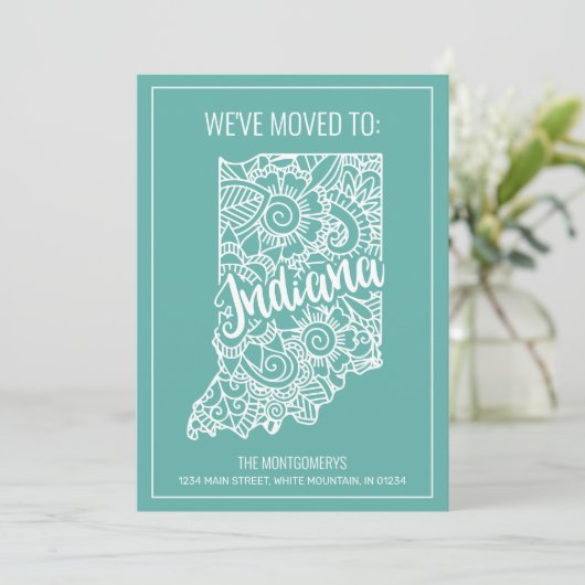 Boho Blauwgroen Floral Mandala Indiana State Movin Aankondiging (Staand voorkant)